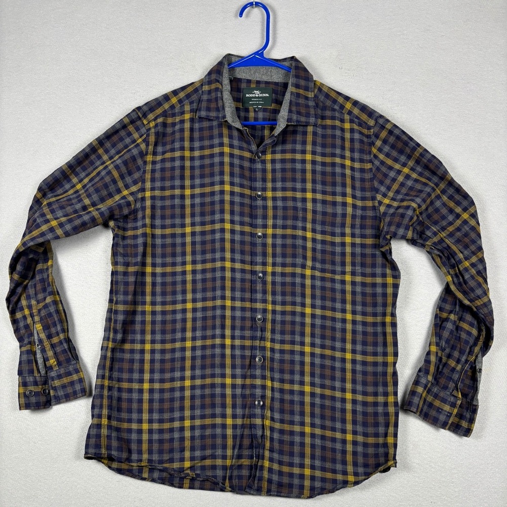 Rodd & Gunn Sports Fit Plaid Button Down Shirt Large Navy Yellow Woven in Italy